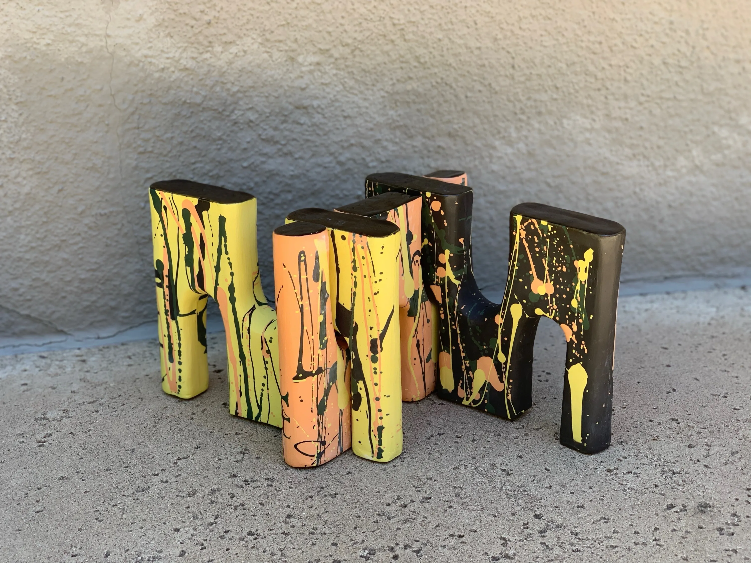 Architectural Vases, Stoneware, slab-built, splatter glaze, 2023