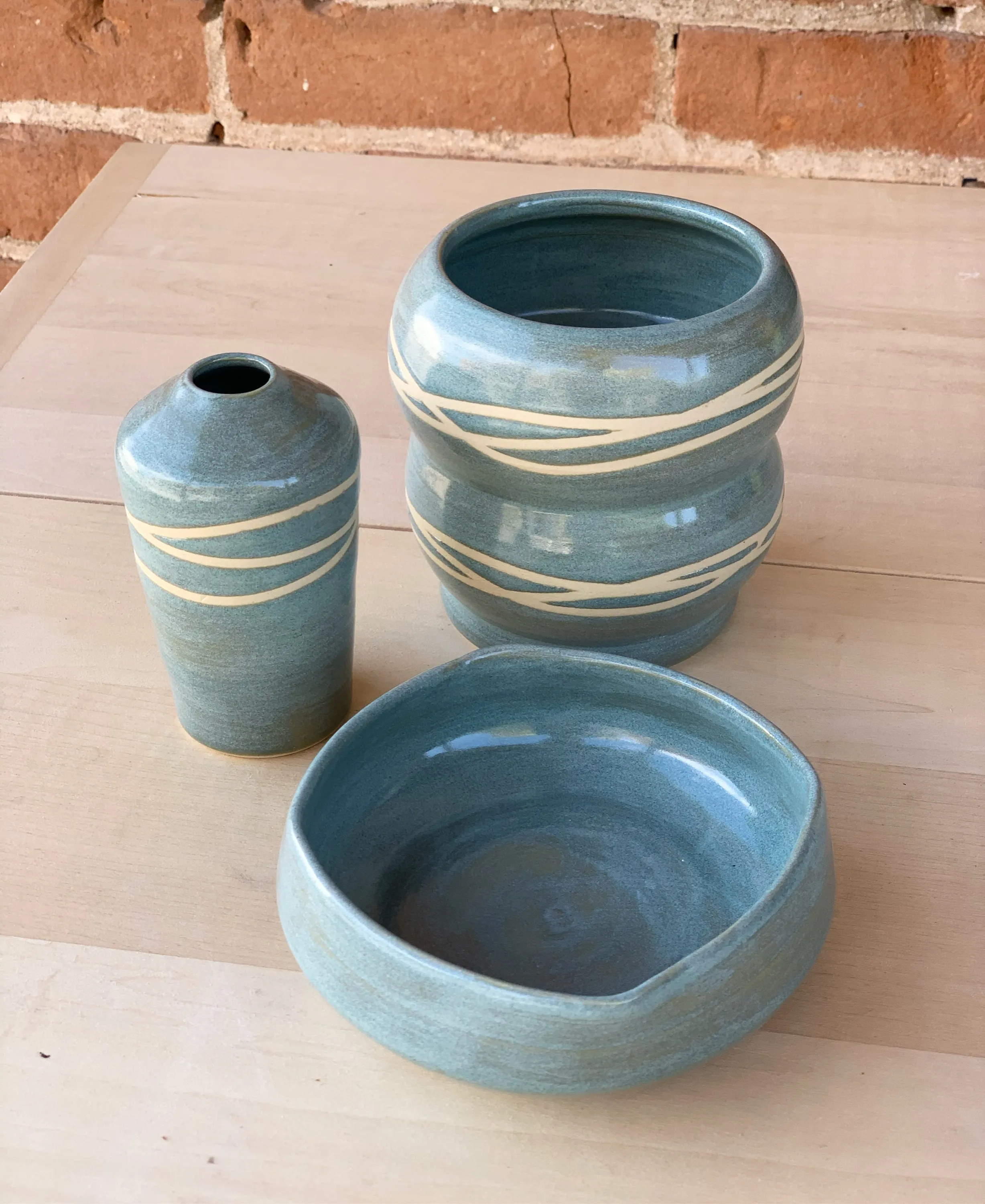 Celadon Set, Stoneware, wax resist wave pattern, celadon glaze, 2023