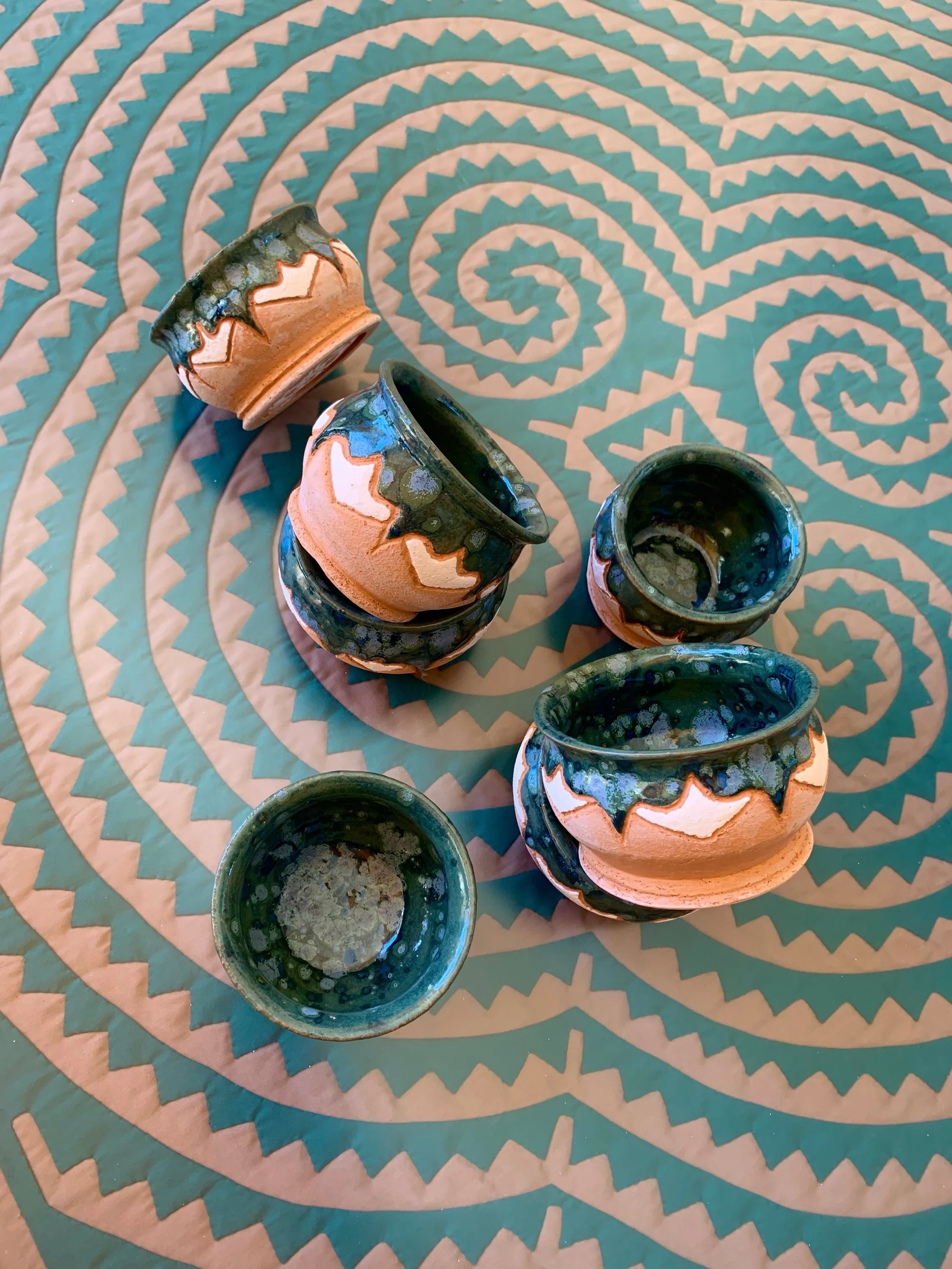 Blue Drip Cups, Terracotta, blue-green drip glaze, 2023