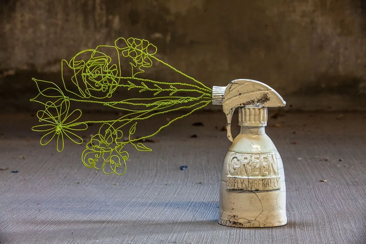 GREEN: Apply Liberally, Ceramic, wire, mixed media, 2023