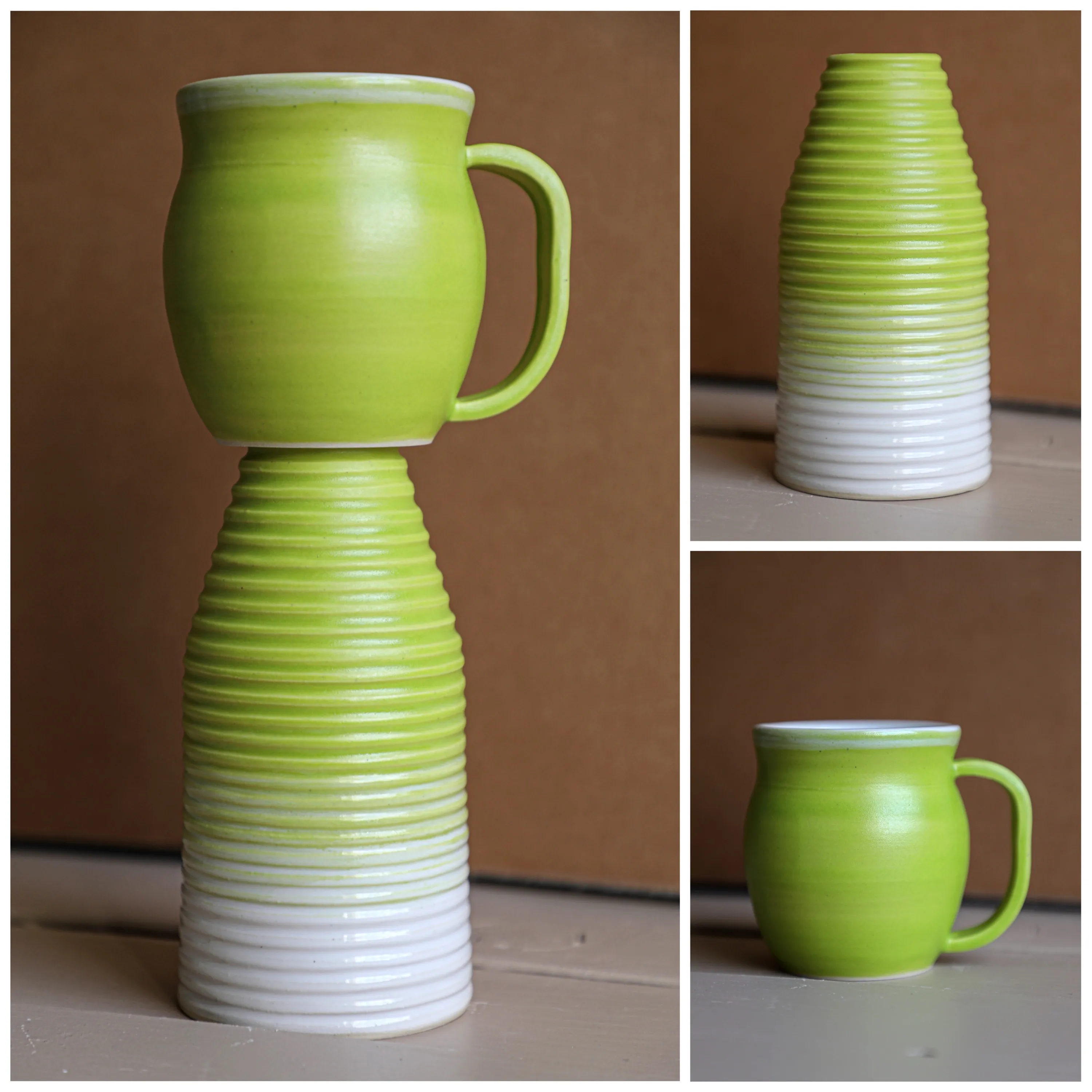 Green Gradient Vase and Mug, Stoneware, ribbed, gradient glaze, 2023