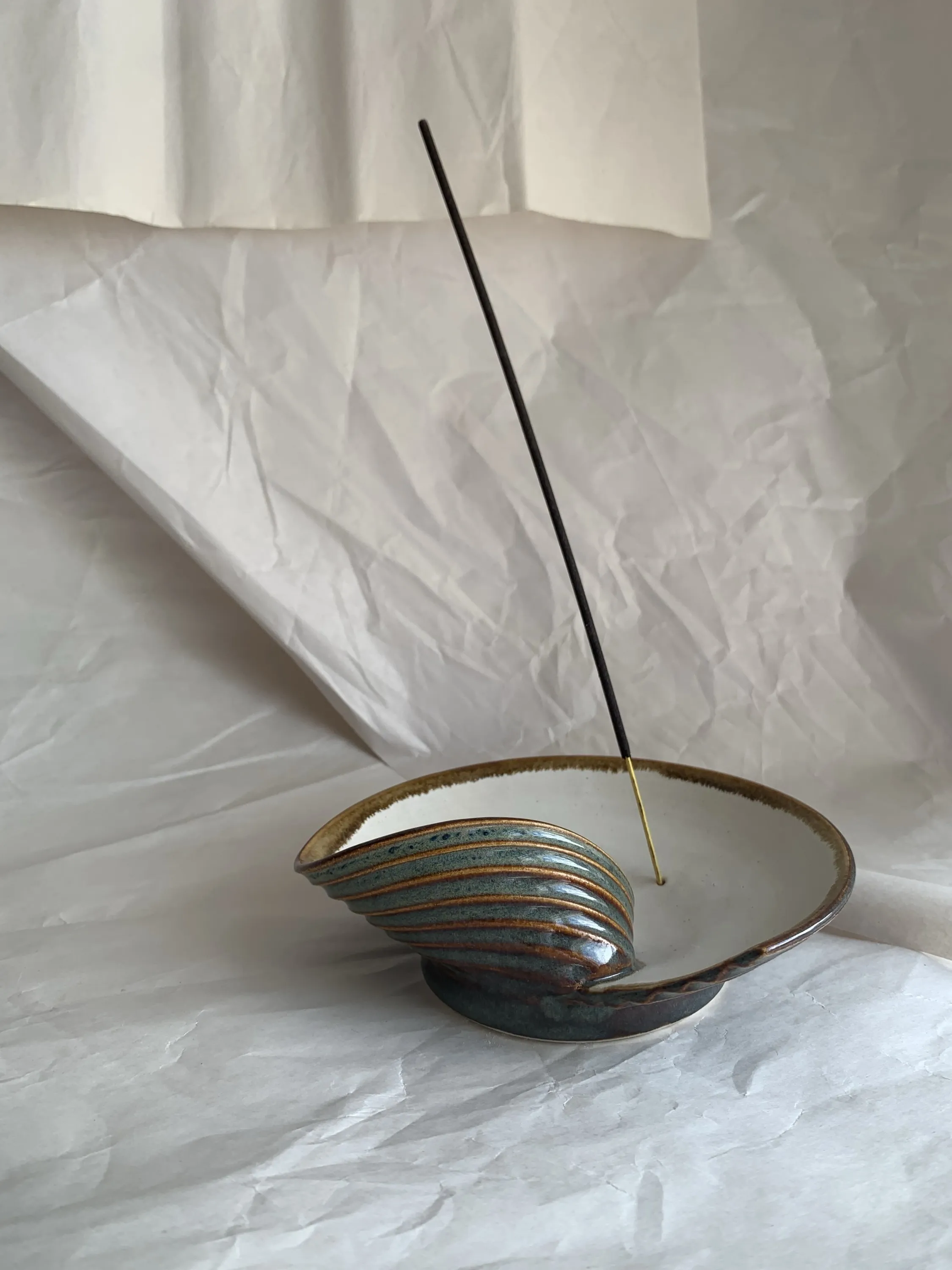 Incense Holder (Wave), Stoneware, carved wave form, blue-green glaze, 2023