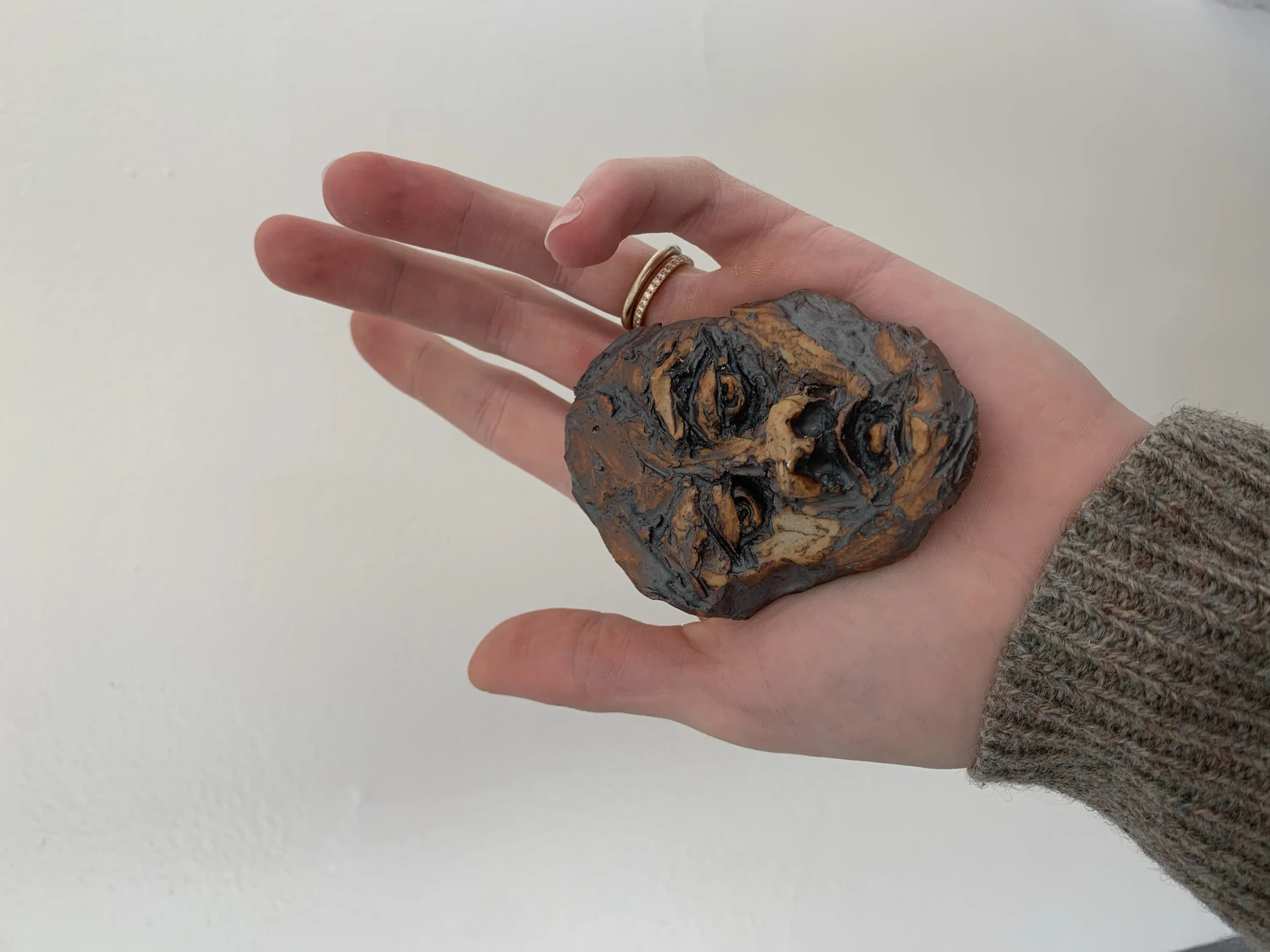 Miniature Face, Ceramic, hand-sculpted, oxide wash, 2023