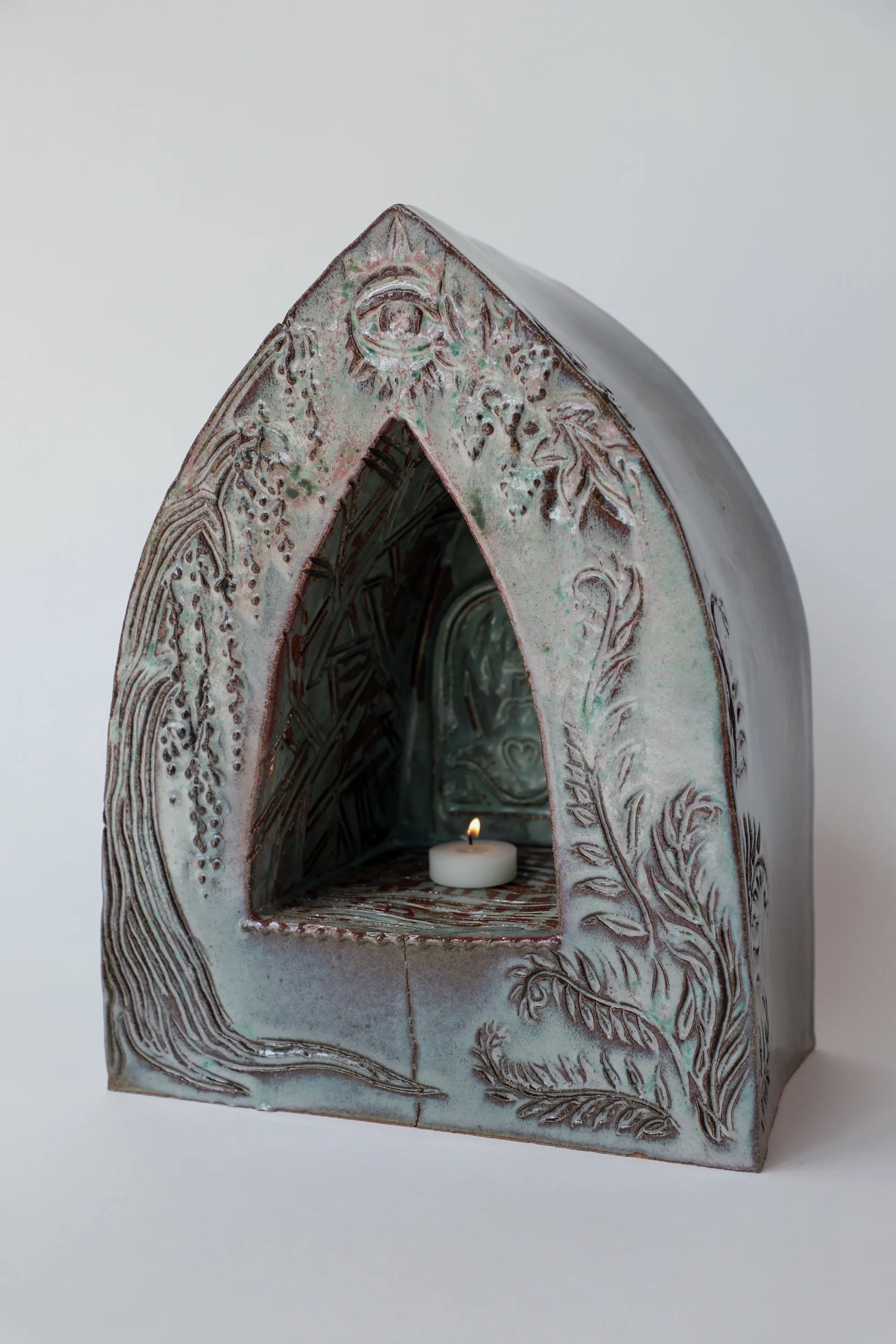 Shrine, Stoneware, carved botanical relief, celadon glaze, 2023