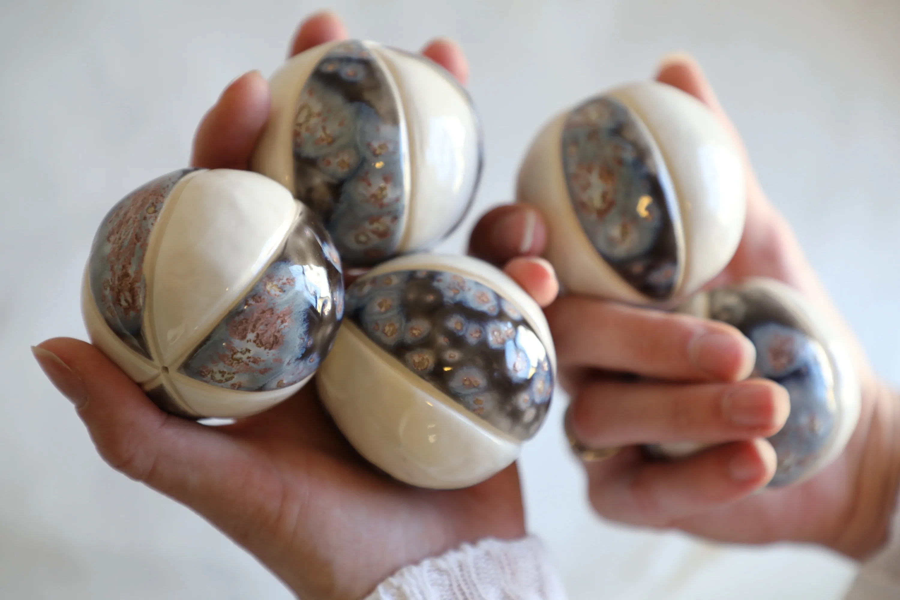 Crystalline Spheres, Porcelain, crystalline glaze, 2023