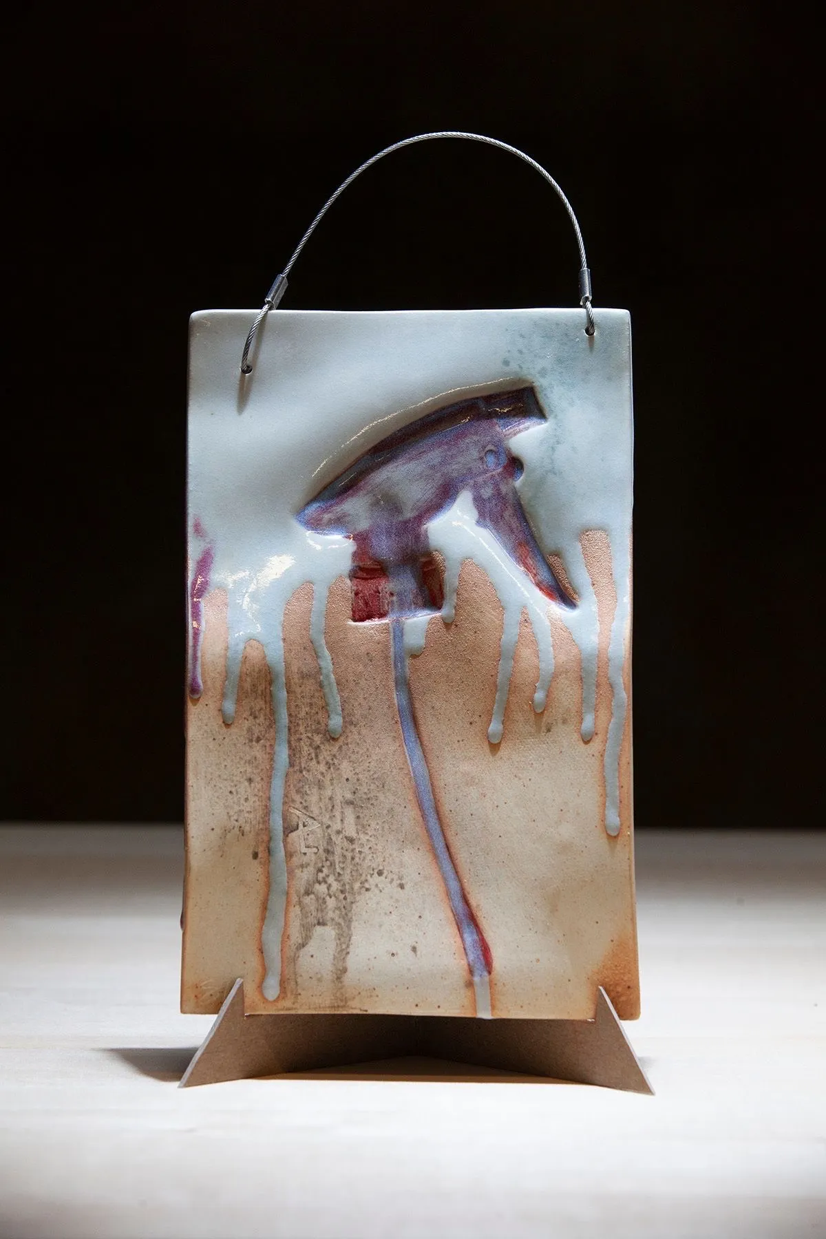 Spray Bottle Tile, Stoneware, relief, drip glaze, wire handle, 2023