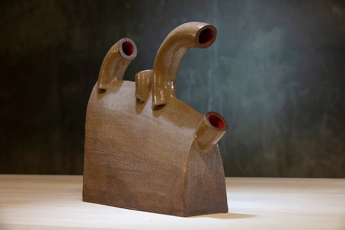 Tube Spout Sculpture, Ceramic, slab-built, red interior, 2023