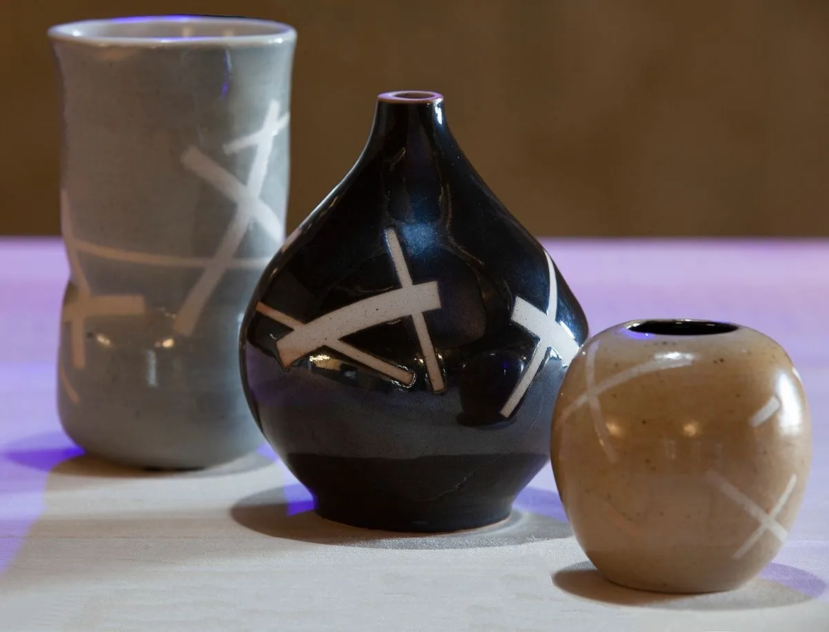Wax Resist Vessel Trio, Stoneware, wax resist pattern, 2023